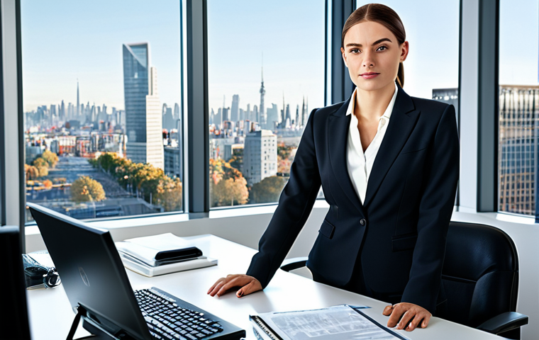 Modern Office Scene**
 "A confident businesswoman in a tailored, fully clothed business suit, working at a sleek desk in a bright, modern office. Large windows with a cityscape view. Professional environment, appropriate attire, safe for work, perfect anatomy, natural proportions, high quality."
 

 **